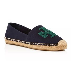 NWOT Tory Burch Size 7.5 Navy Espadrille Green Logo Women's Elisa Logo Flats